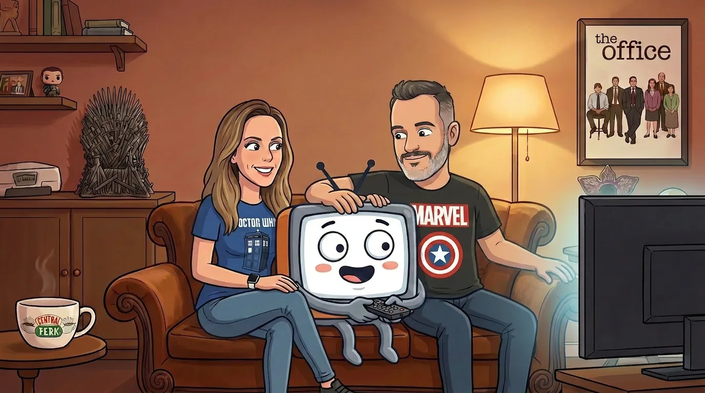 Cartoon of Sandy and Ika on the couch with a very happy TV